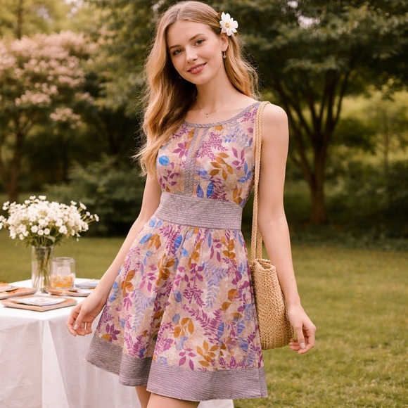 Forever 21 Dresses & Skirts - Forever 21‎ Floral Sleeveless Fit Flare Dress Tie Back Waist Boho Mini Size M